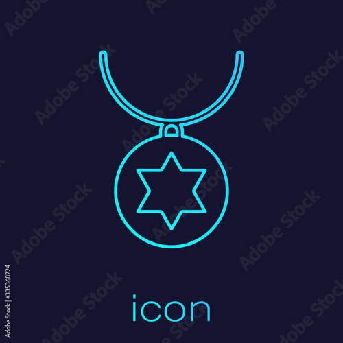 Turquoise line Star of David necklace on chain icon isolated on blue background. Jewish religion. Symbol of Israel. Jewellery and accessory. Vector Illustration
