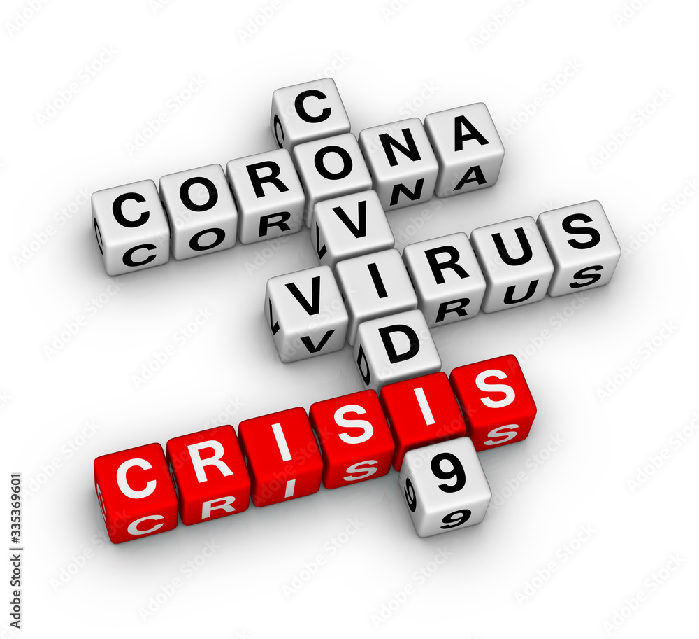 Coronavirus COVID-19 econonic crisis. 3D crossword puzzle on white background. Coronavirus COVID-19 econonic crisis. 3D crossword puzzle on white background.