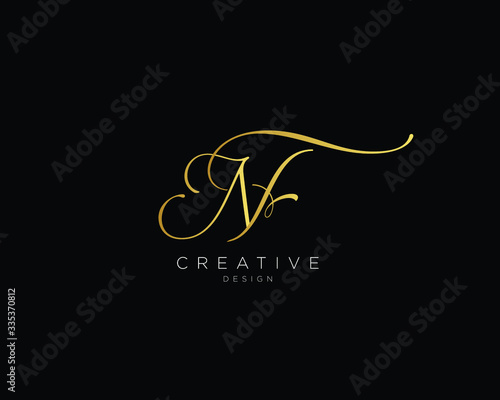 Letter NF Logo Design, Hand Written NF Monogram In Gold Color photo