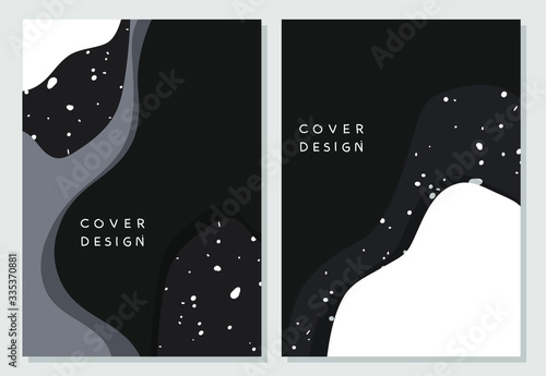 Contrast design template with abstract wavy shapes and white splashes. Two modern abstract templates in black and white colors. Cover page design. 
