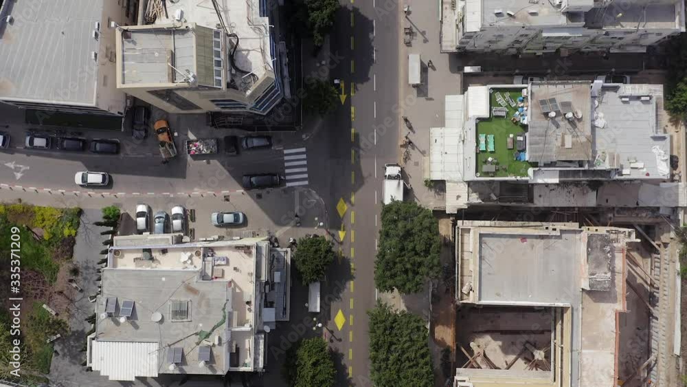 Corona Virus lockdown, Aerial view along Tel Aviv Rothschilds boulevard and surrounding streets with no people and traffic due to Government guidelines. Corona Virus lockdown, Aerial view along Tel Aviv Rothschilds boulevard and surrounding streets with no people and traffic due to Government guidelines.