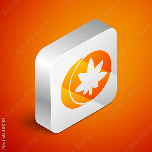 Isometric Herbal ecstasy tablets icon isolated on orange background. Silver square button. Vector Illustration