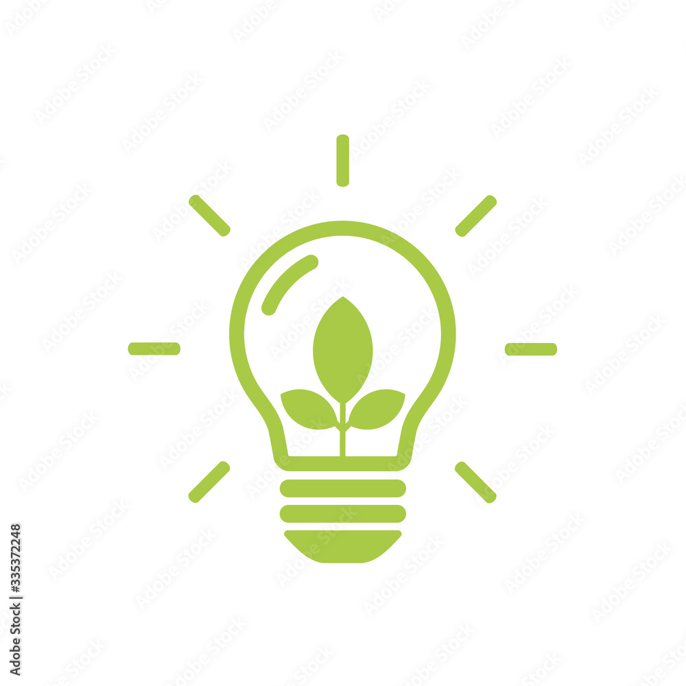 Green contour of shining electric light bulb with three green leaf inside. World Environment Day. Flat outline icon.Eco friendly. Vector illustration isolated on white Green contour of shining electric light bulb with three green leaf inside. World Environment Day. Flat outline icon.Eco friendly. Vector illustration isolated on white