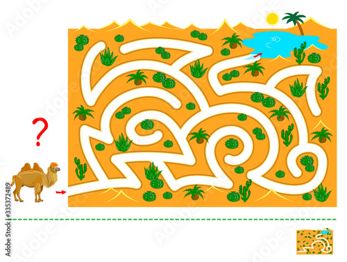 Logic puzzle game with labyrinth for children and adults. Help the camel find the way in the desert to the water. Printable worksheet for kids brain teaser book. IQ test. Flat cartoon vector.
