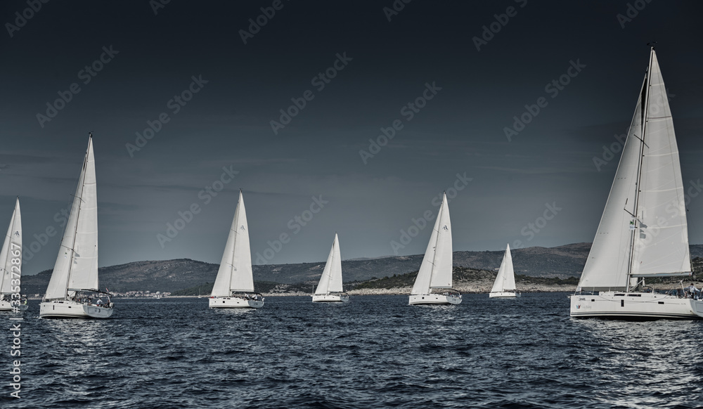 Sailboats compete in a sailing regatta at sunset, sailing race, reflection of sails on water, white color of sails, boat number aft boats