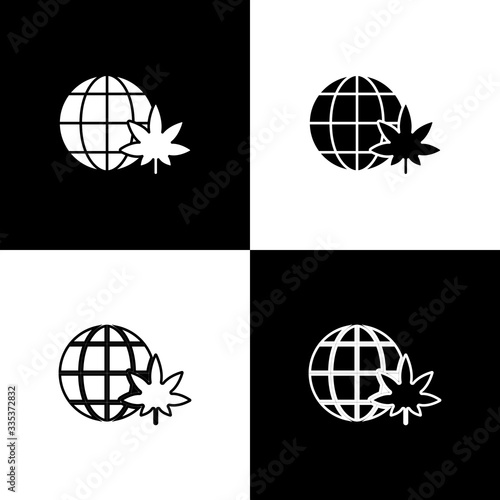 Set Legalize marijuana or cannabis globe symbol icon isolated on black and white background. Hemp symbol. Vector Illustration