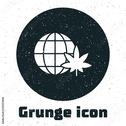 Grunge Legalize marijuana or cannabis globe symbol icon isolated on white background. Hemp symbol. Monochrome vintage drawing. Vector Illustration