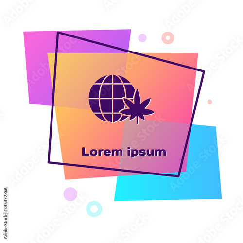 Purple Legalize marijuana or cannabis globe symbol icon isolated on white background. Hemp symbol. Color rectangle button. Vector Illustration