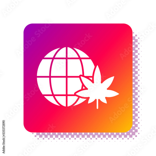 White Legalize marijuana or cannabis globe symbol icon isolated on white background. Hemp symbol. Square color button. Vector Illustration