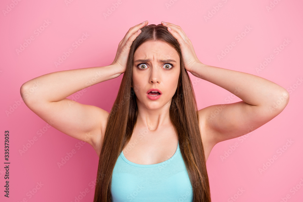Close-up portrait of her she nice attractive lovely pretty charming worried straight-haired girl hair loss disaster damage omg isolated over pink pastel color background Close-up portrait of her she nice attractive lovely pretty charming worried straight-haired girl hair loss disaster damage omg isolated over pink pastel color background