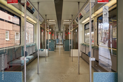 Berlin,Germany, 3 April 2020. Empty train with coronavirus signs during epidemic and quarantine of covid-19
