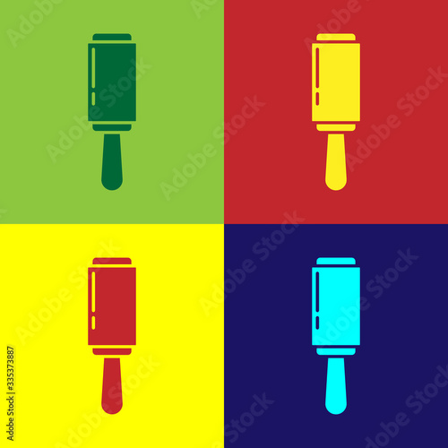 Pop art Adhesive roller for cleaning clothes icon isolated on color background. Getting rid of debris, dust, hair, fluff, pet wool. Vector Illustration