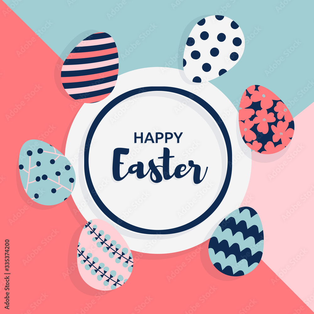 Obraz premium Happy Easter card with cute Easter eggs decorated and greeting text. Vector illustration in trendy flat cartoon