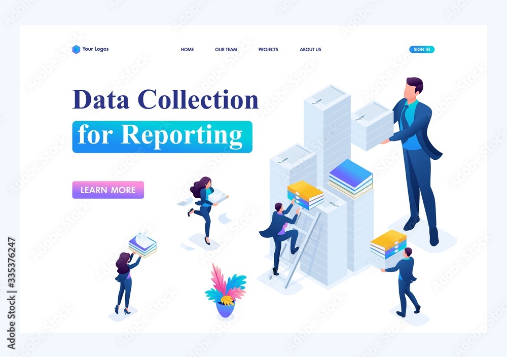 Isometric Data collection for reporting, audit company in tax period. Landing page concepts and web design Isometric Data collection for reporting, audit company in tax period. Landing page concepts and web design
