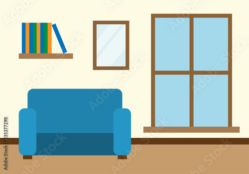 Salón con sofá azul y paredes amarillas.