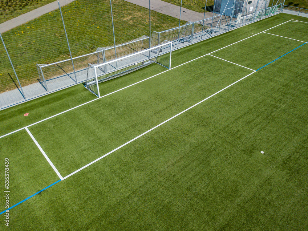 Fototapeta premium Aerial view of football goal and penalty area. Empty soccer field with white lines.