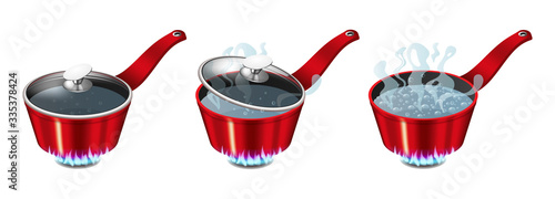 Set of red pans with boiling water, opened and closed pan lid