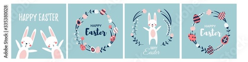Cute rabbits or funny white bunny happy about spring. Easter greeting cards set with a simple floral wreath or frame. Cartoon flat style. Vector