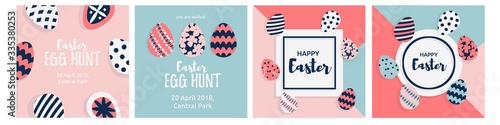 Happy Easter card with cute Easter eggs decorated and greeting text. Vector illustration in trendy flat cartoon