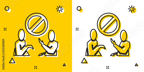 Black Stop plastic pollution icon isolated on yellow and white background. Ecological poster. Random dynamic shapes. Vector Illustration