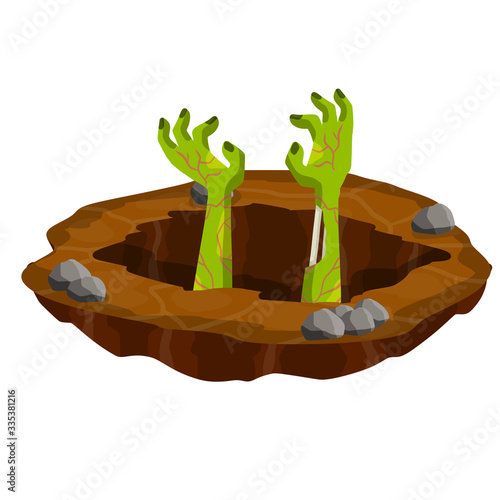 Grave. Hole in brown ground. Green hands of dead zombie. Element of Halloween. Bones and rotting corpse. Scary illustration. Flat cartoon