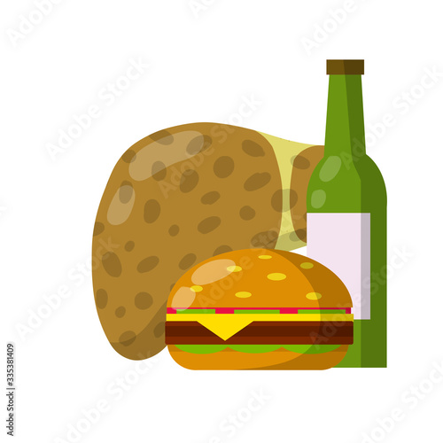Diseased unhealthy liver. Health problem. Wrong diet. Set of object. Cartoon flat illustration. Greasy food, Burger, alcohol, beer
