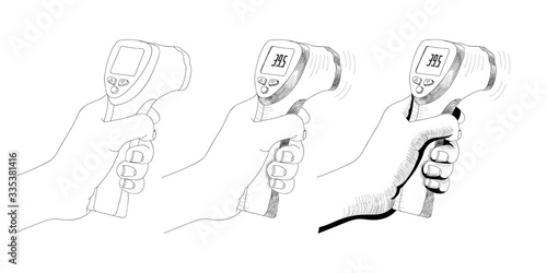 Digital non-contact infrared thermometer in hand doctor. Medical thermometer measuring body temperature. Vector flat design. Isolated white background.