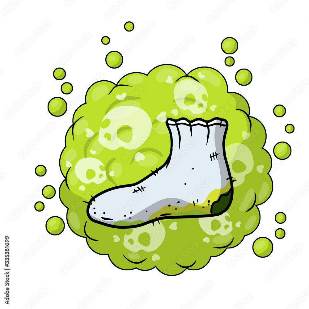 Dirty sock. Sloppy clothes. Stinky toe. Grey Object for washing. Cartoon  flat illustration. Green bubble acid cloud. Smelly feet. Bad stench Stock  Vector | Adobe Stock