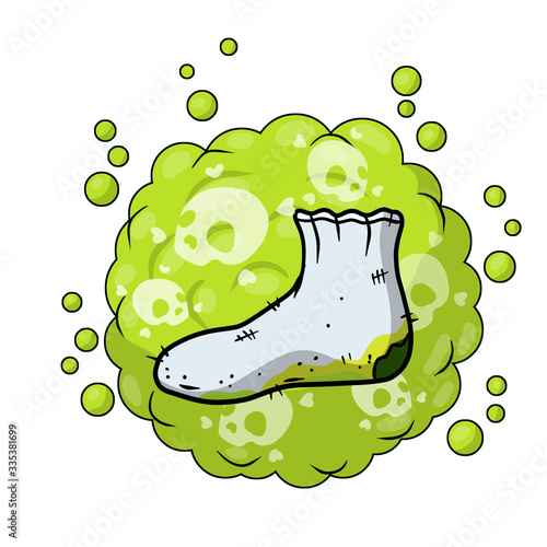 Dirty sock. Sloppy clothes. Stinky toe. Grey Object for washing. Cartoon flat illustration. Green bubble acid cloud. Smelly feet. Bad stench