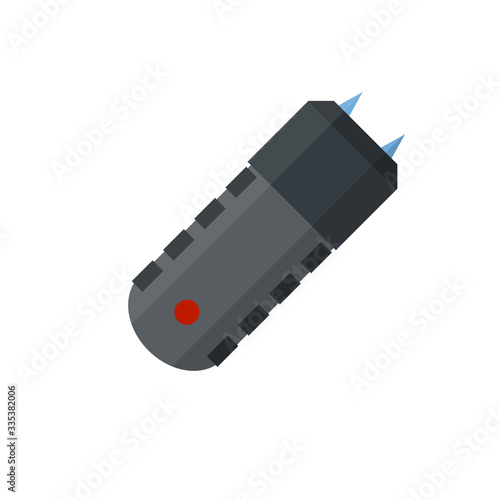 Shocker for protection. Taser is an electric weapon. Personal safety. Item for safety. Working device. Cartoon flat illustration