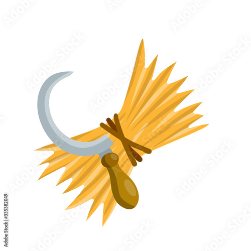 Yellow haystack and sickle. countryside harvest of crop. Organic food and hook. Cartoon flat illustration. Rustic sheaf
