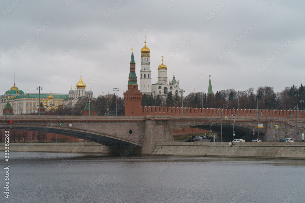 Kremlin wall, Towers,Grand Kremlin Palace, Ivan the Great Bell Tower, Dormition Cathedral, Bolshoy Kamenny Bridge. Concepts - Stay at home, save live, self-isolation