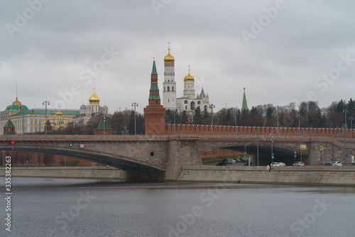 Kremlin wall, Towers,Grand Kremlin Palace, Ivan the Great Bell Tower, Dormition Cathedral, Bolshoy Kamenny Bridge. Concepts - Stay at home, save live, self-isolation