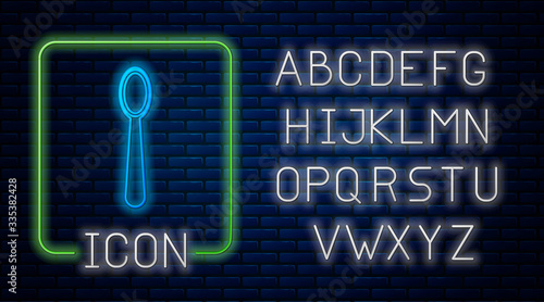 Glowing neon Disposable plastic spoon icon isolated on brick wall background. Neon light alphabet. Vector Illustration
