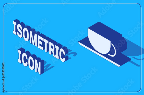 Isometric Coffee cup icon isolated on blue background. Tea cup. Hot drink coffee. Vector Illustration