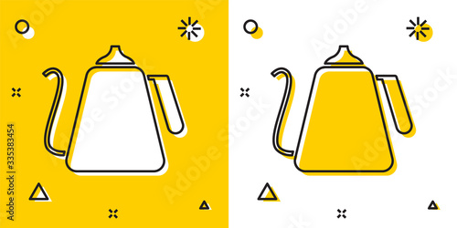 Black Kettle with handle icon isolated on yellow and white background. Teapot icon. Random dynamic shapes. Vector Illustration