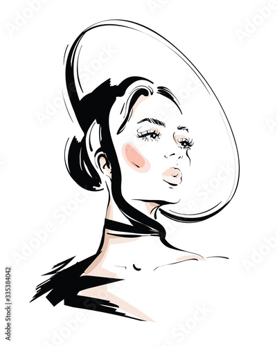 Hand drawn beautiful young woman in hat. Fashion girl in black and white style. Fashion woman look. Sketch. Vector illustration.