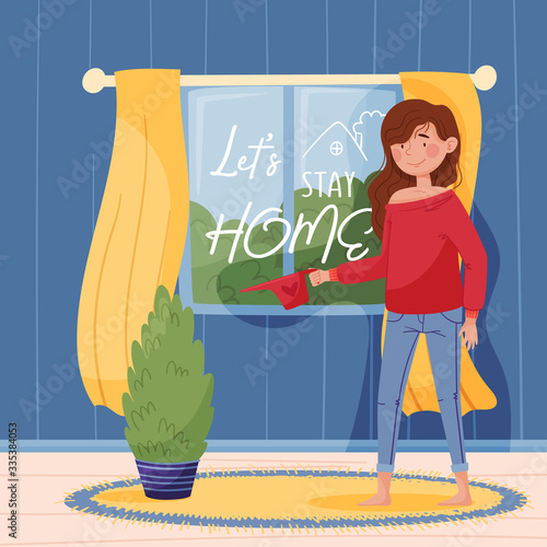 Lettering let's stay home. Girl in a red sweater and jeans watering a home plant near a round carpet and a window with yellow curtains. Blue wall and wooden floor. Colorful vector illustration. 