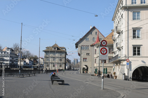 Zürich/Switzerland: The famous Limmatquai shopping mile is alsmost empty due to Covid19 Virus Log down. © gmcphotopress