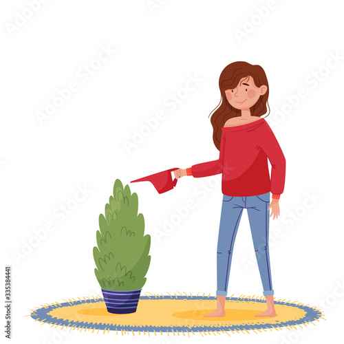 Lettering let's stay home. Girl in red sweater and jeans watering home plant near round carpet and window with yellow curtains. Colorful isolated vector illustration on white background in flat style