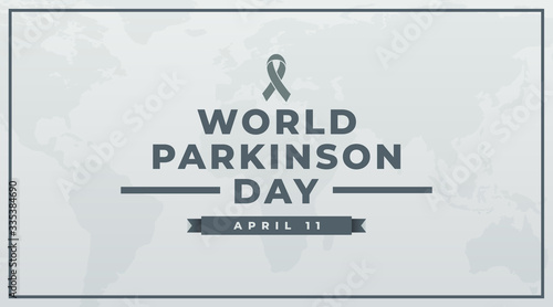 World Parkinson day April 11th grey banner with a grey awareness ribbon on top of a light abstract background. 