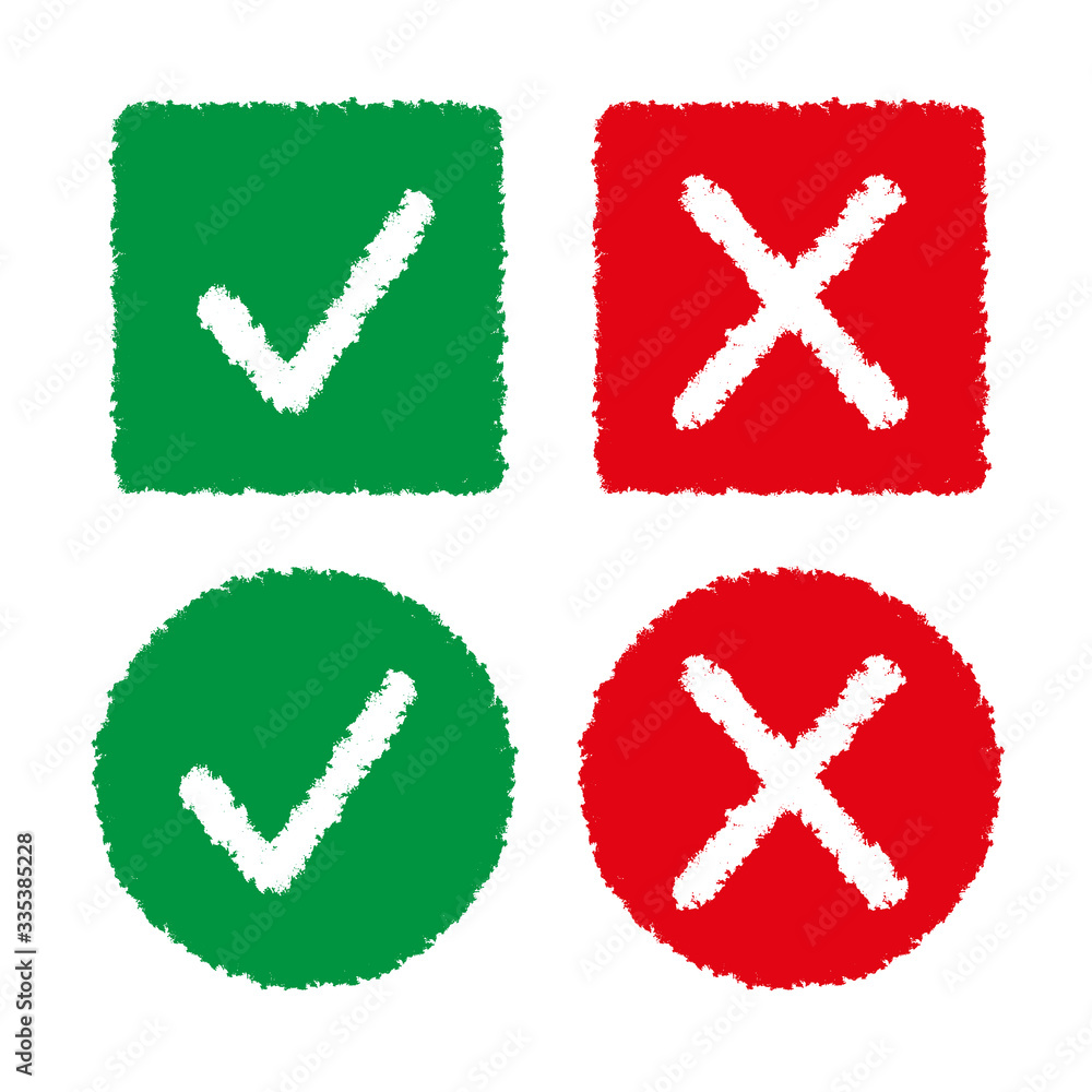 Green check mark and red cross on white background. Vector icons. Green check mark and red cross on white background. Vector icons.
