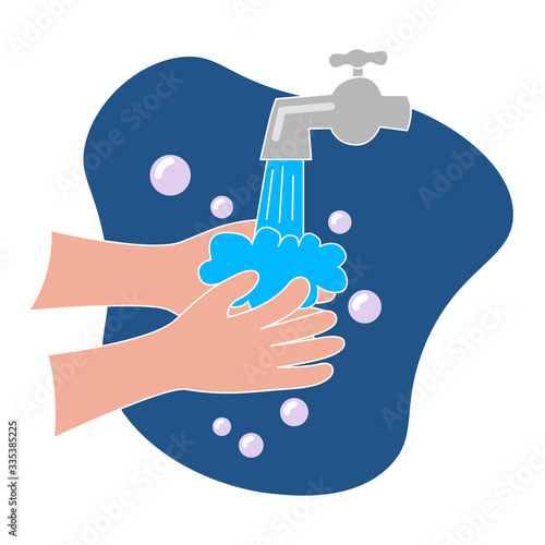 Cartoon illustration of person washing hands with soap under running water