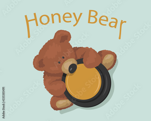 Brown bear toy with pot honey top view. Cute animal for baby. Vector illustration.