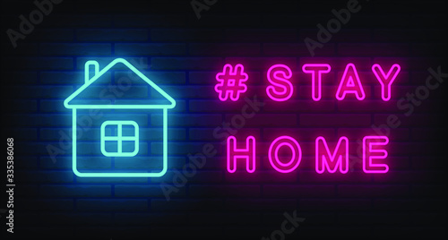Hashtag stay home vector bright neon colorful signboard. Editable color and brightness signs letters icons symbols. Coronavirus, protection, covid 19, quarantine, pandemic, self isolation, save lives