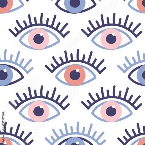 Seamless pattern with evil eyes in hand drawn flat design, contemporary modern style