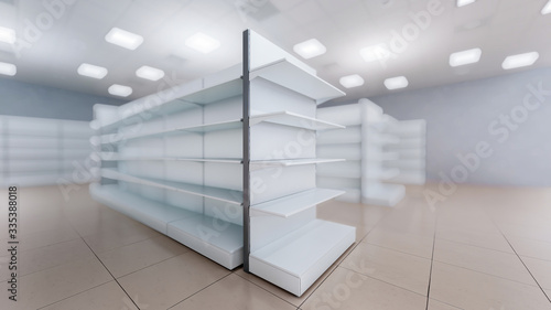 3D image front view of grocery shelves with blurred background inside cheap supermarket interior