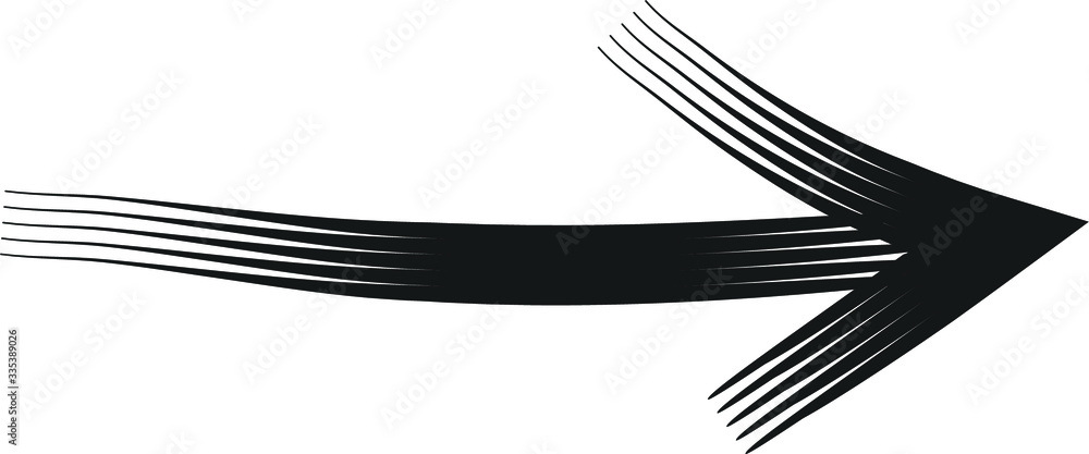 Fototapeta premium Black painted brush stroke forward, right or ahead pointing sketched as vector symbol on white background.