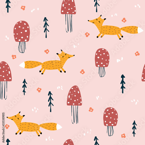 Seamless pattern with funny fox in the forest. Childish print. Vector hand drawn illustration.