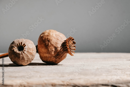 Dry opium poppy on wooden surface. Copy, empty space for text